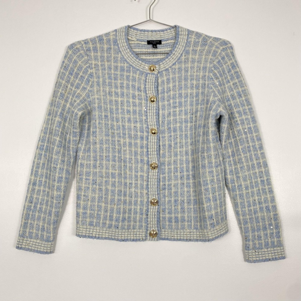 Talbots‎ Cardigan Sweater Womens Small Petite Blue Check Sequin Metallic Knit